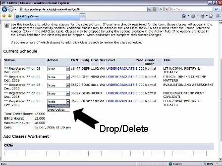 Pantalla Add/Drop Classes