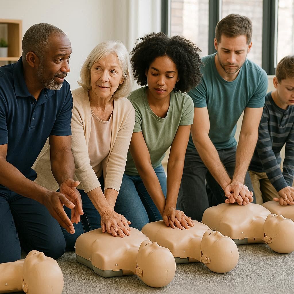 People giving CPR to a manikin